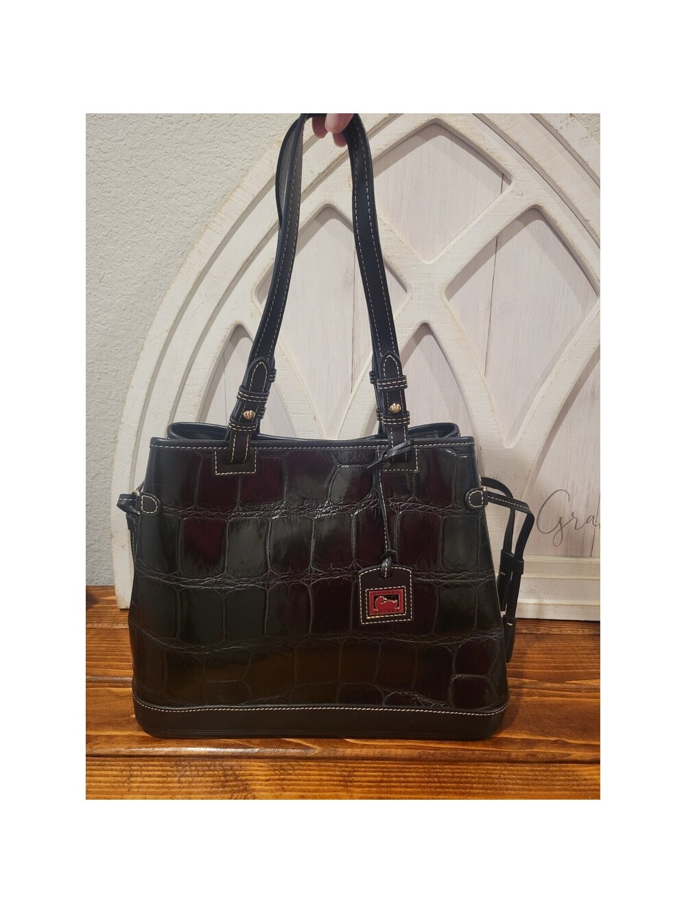 Dooney & Bourke Tassel Satchel Croco-Embossed Leather Black Bag Purse NICE